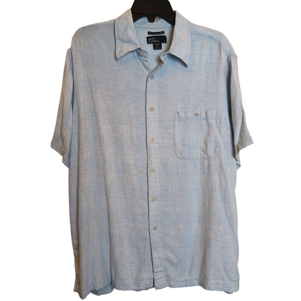 Marc Edwards Shirt Men’s XL Button Up Blue Short Sleeve Washable Linen #H-35